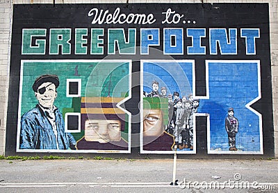 Iconic â€œWelcome to Greenpoint BKâ€ mural at the India Street Mural Project in Brooklyn Editorial Stock Photo
